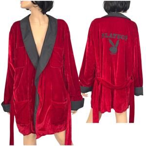 Vtg Playboy Robe Red/Black Velvet Adult One Size Cosplay Hugh Hefner Embroidered